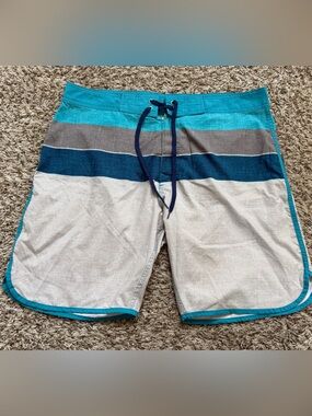 Old Navy Teal, Dark Blue, Gray and Cream Striped Men's Hybrid Shorts
